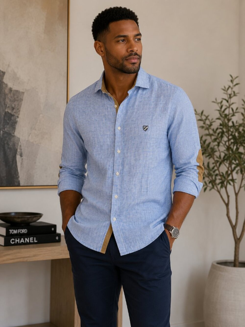 Daniel Cremieux Light Blue Shirt with Brown Elbow Patches